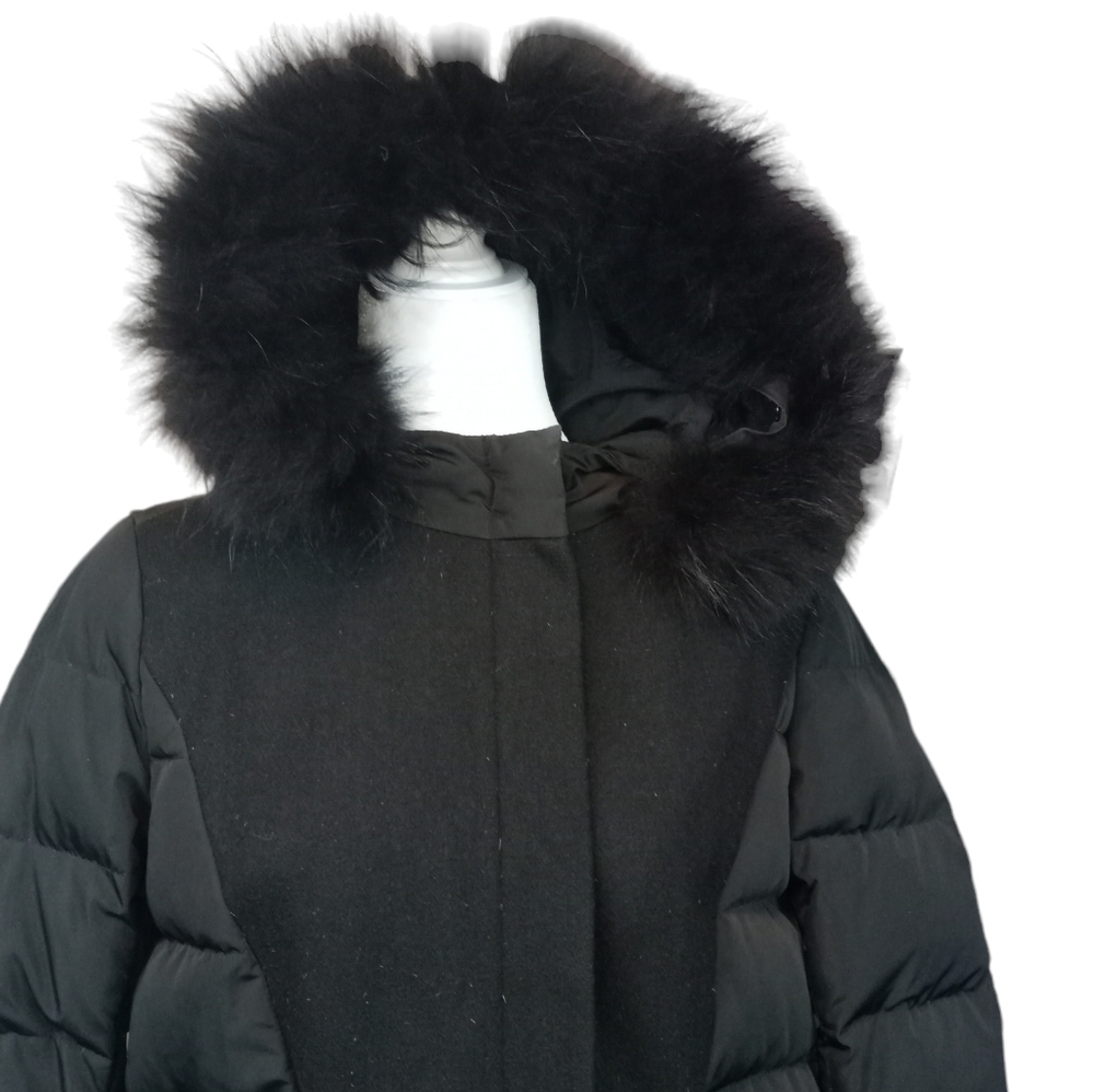 Maje Genuine Fur Trimmed Down Filled Puffer Coat Black Size Medium - Picture 2 of 11